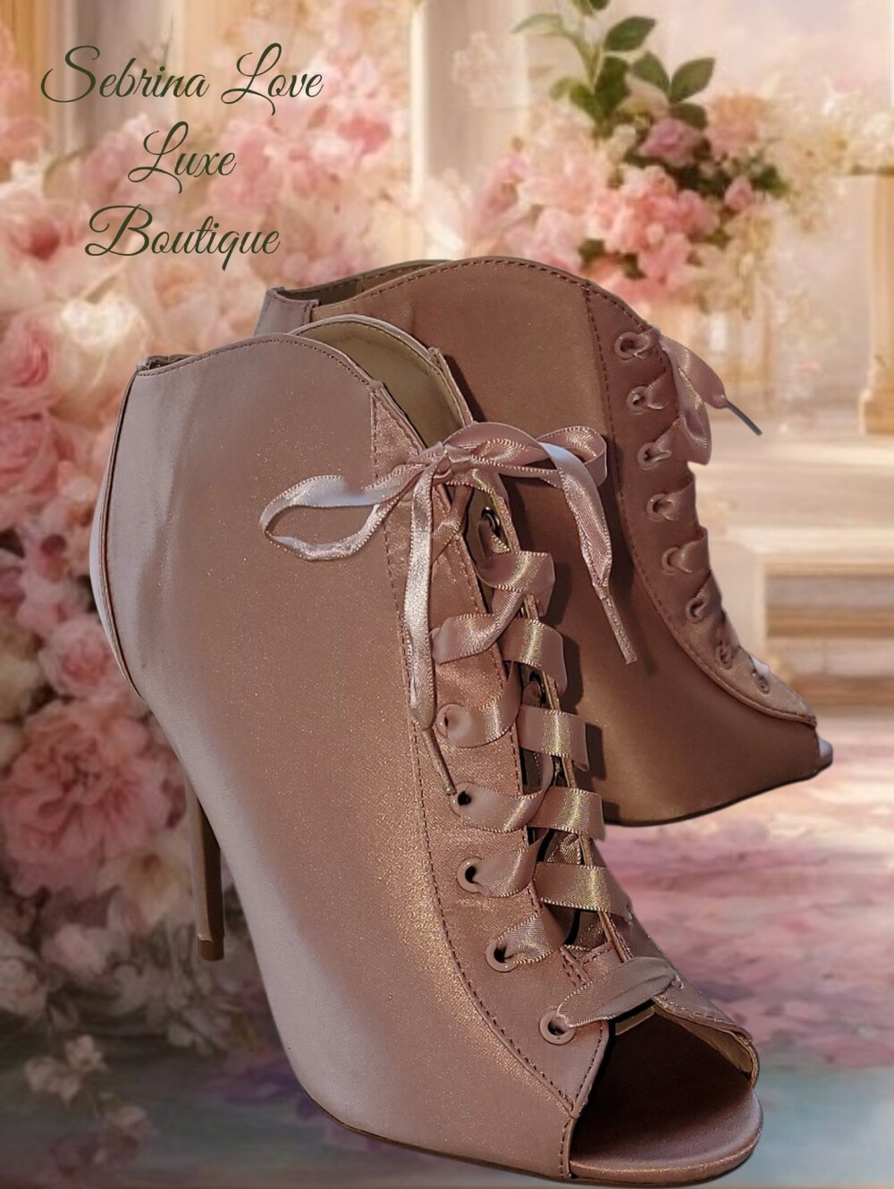 Victorian Vintage Inspired Blush Pink Satin Peep-Toe Lace-Up Ankle Boots (7.5)